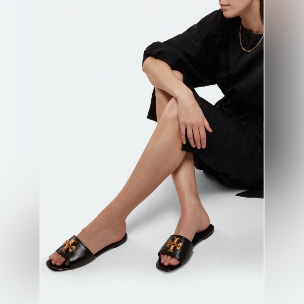 Tory Burch Eleanor Black & Gold Leather Slide Sandals 9.5M
